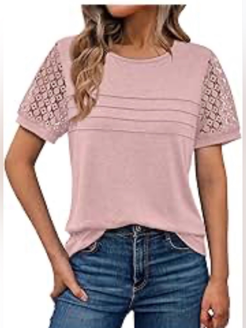 Women's Pink Short Sleeve Crochet Detail Top